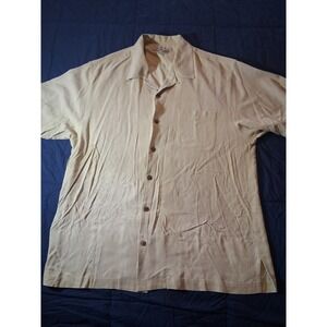Tommy Bahama Mens Large 100% Silk Palm Tree Jacquard Camp Shirt Tan Short Sleeve